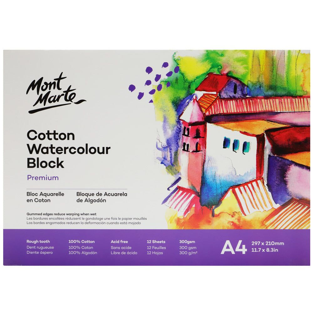 Cotton Watercolour Paper Block Premium 300gsm A4 (11.7 x 8.3in) 12 Sheet