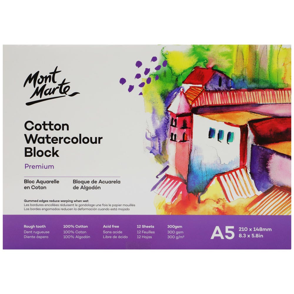 Cotton Watercolour Paper Block Premium 300gsm A5 (8.3 x 5.8in) 12 Sheet